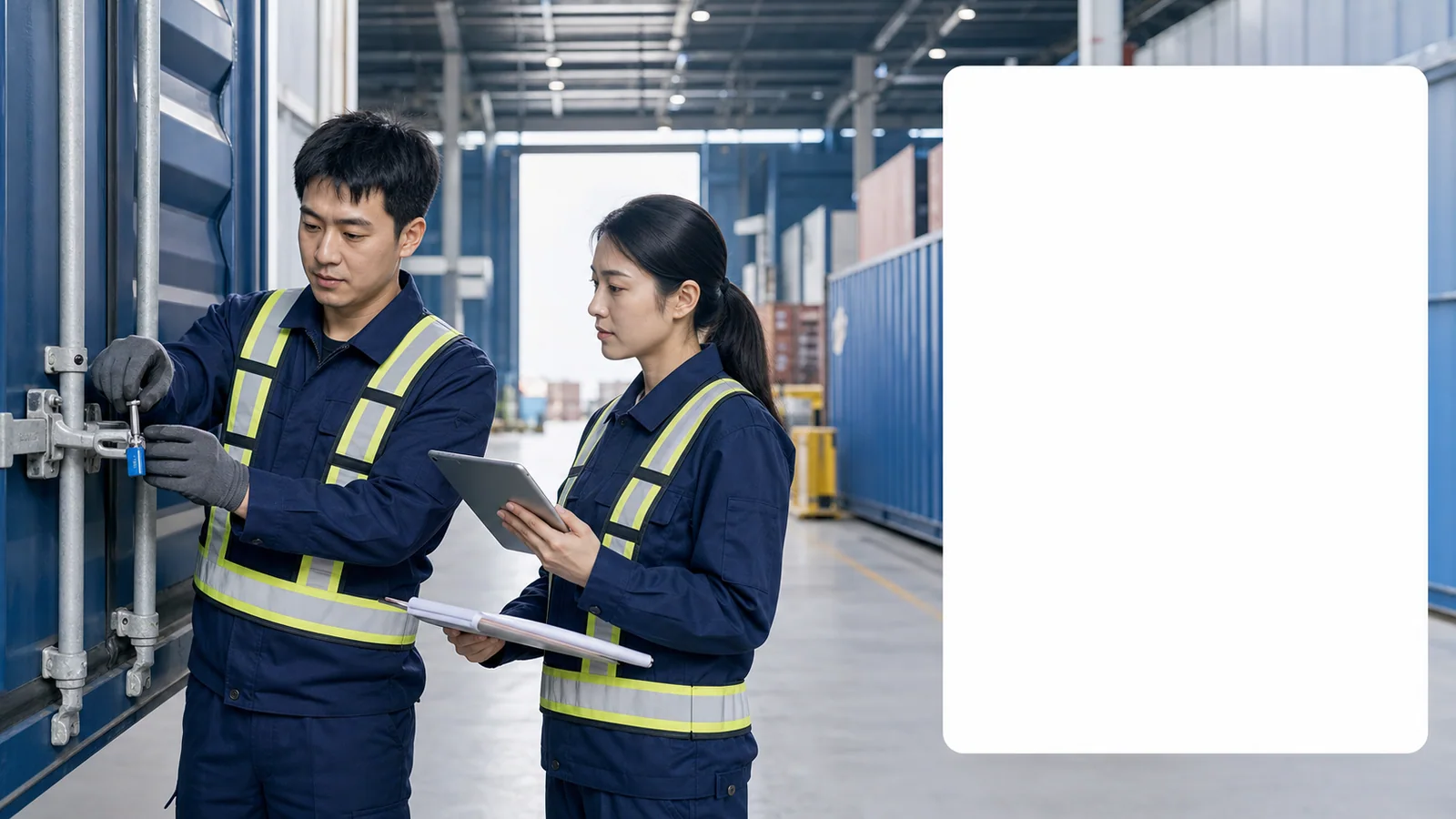 Logistics safety specialists inspecting a container seal in a bonded warehouse