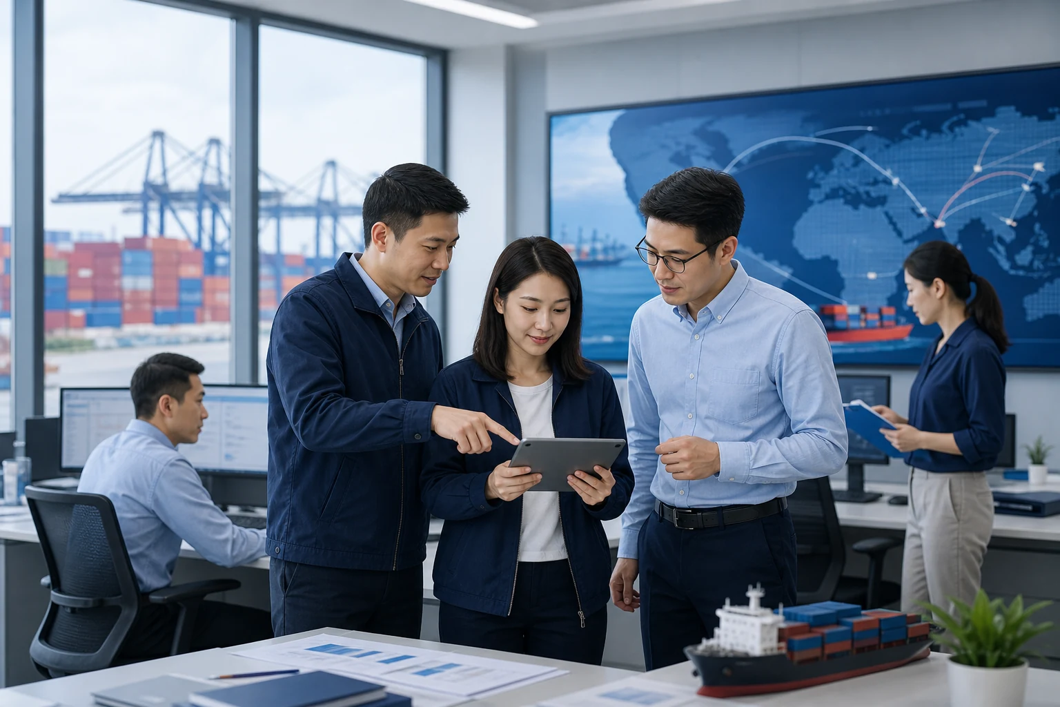 A logistics team collaborating on a tailored transport plan
