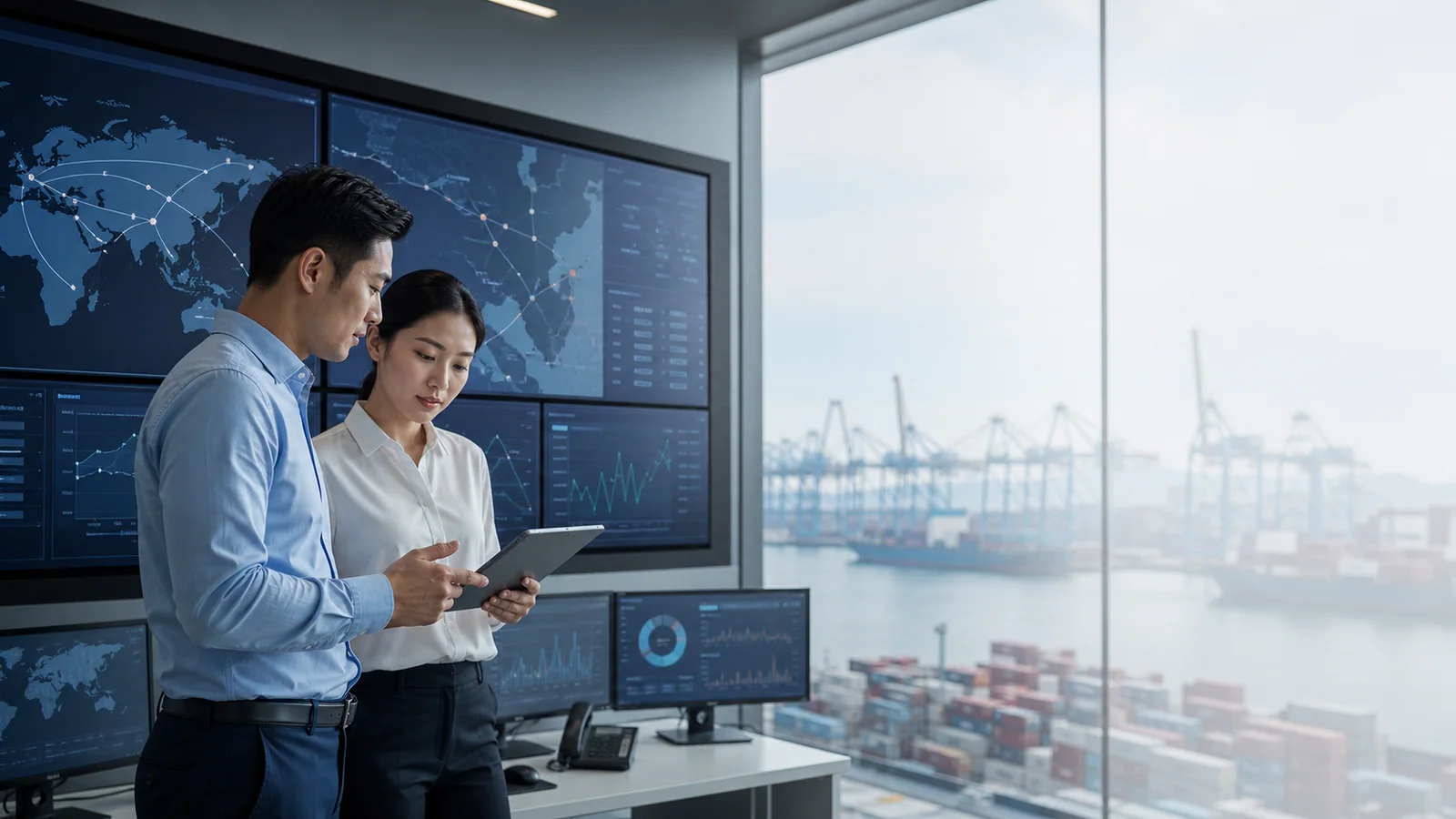 A supply-chain team reviewing shipment data in a logistics control room