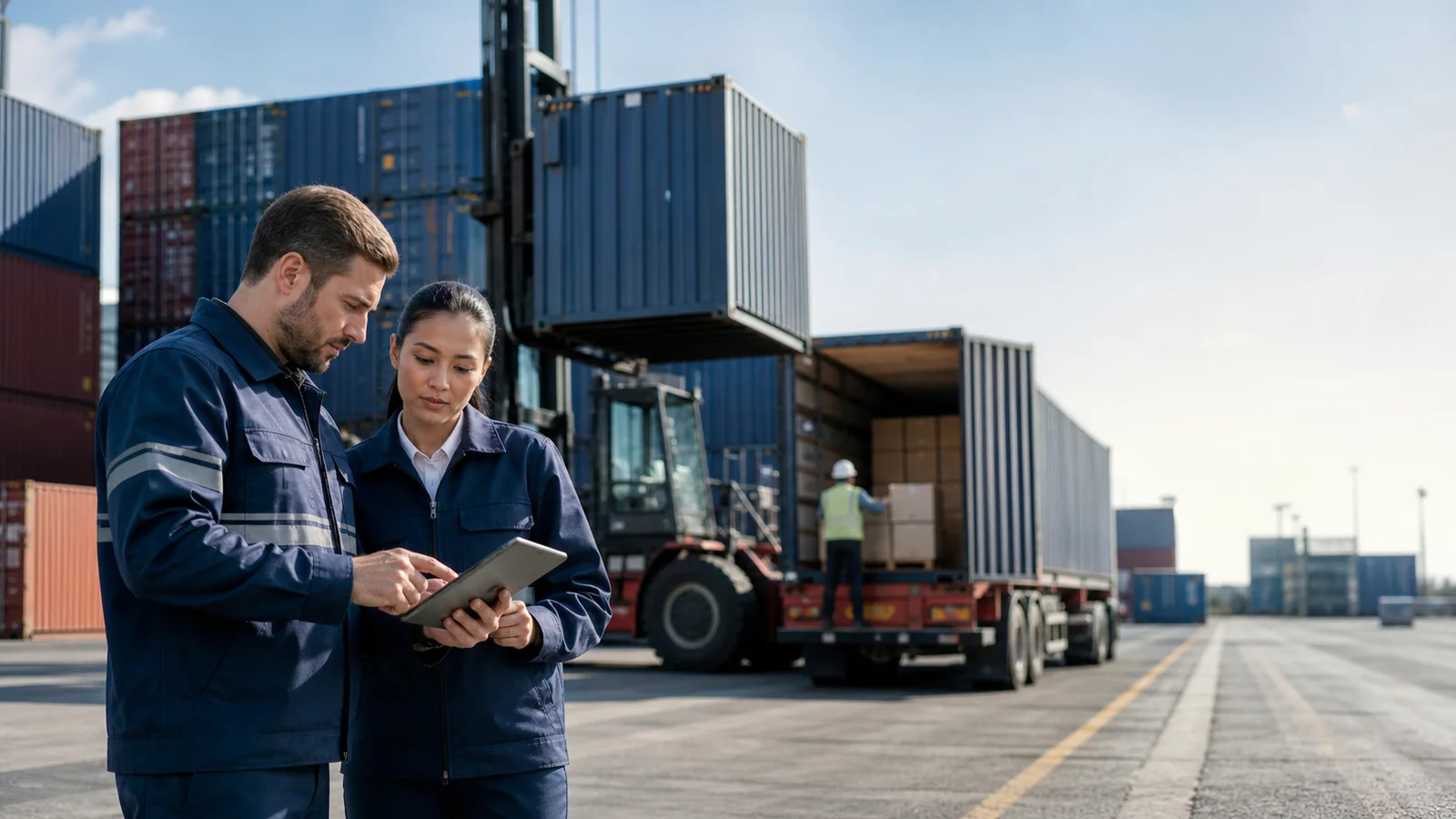 A logistics operations team coordinating at a container yard