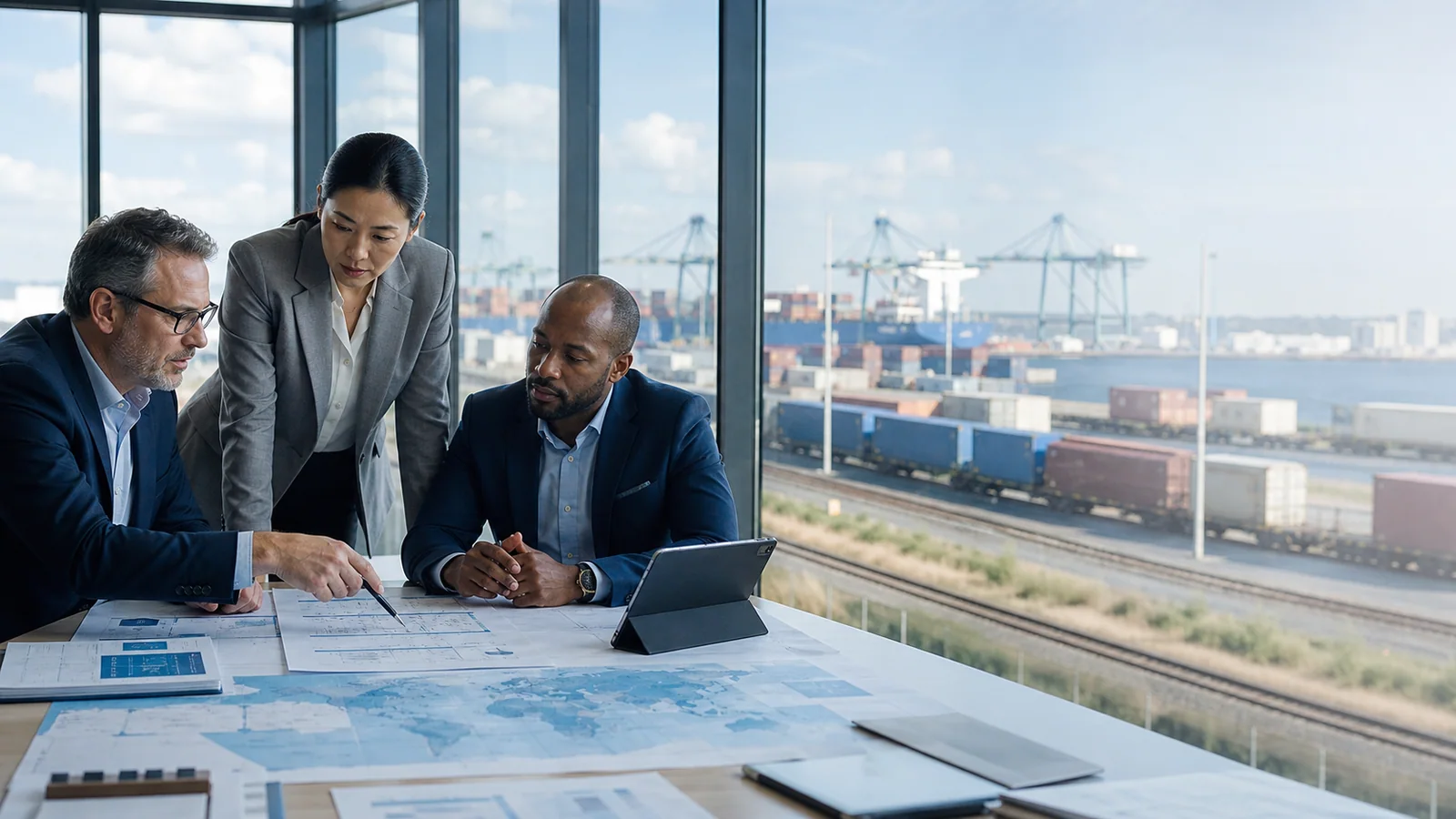 An international logistics team planning routes beside port and rail hubs