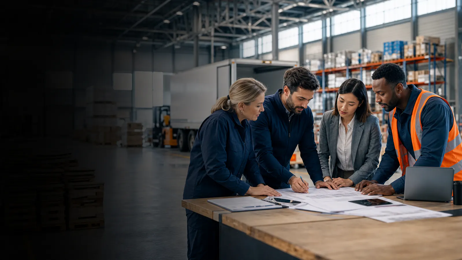 A logistics team coordinating work in a warehouse