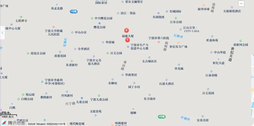 Street map around Fukang Building with the Ningbo office marked